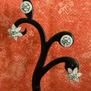 2 Pair Sparkling Teal/Wht Moissanite Floral Stud and Classic Round Stud Earrings